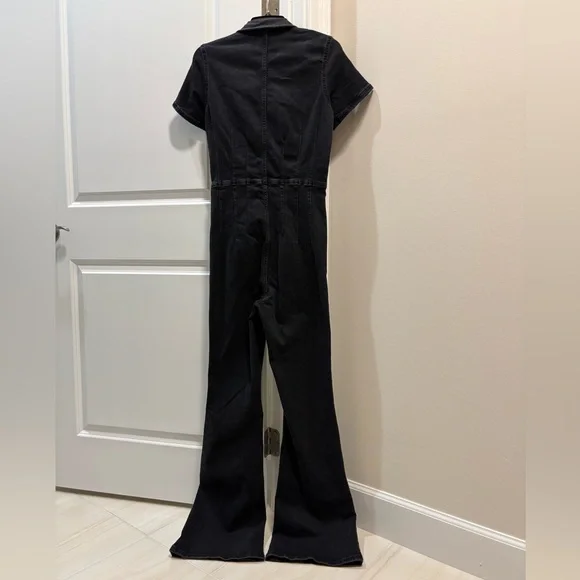 Free People Jayde Point Collar Short Sleeve Flared Leg Flight Suit Black Mamba - Picture 5 of 6